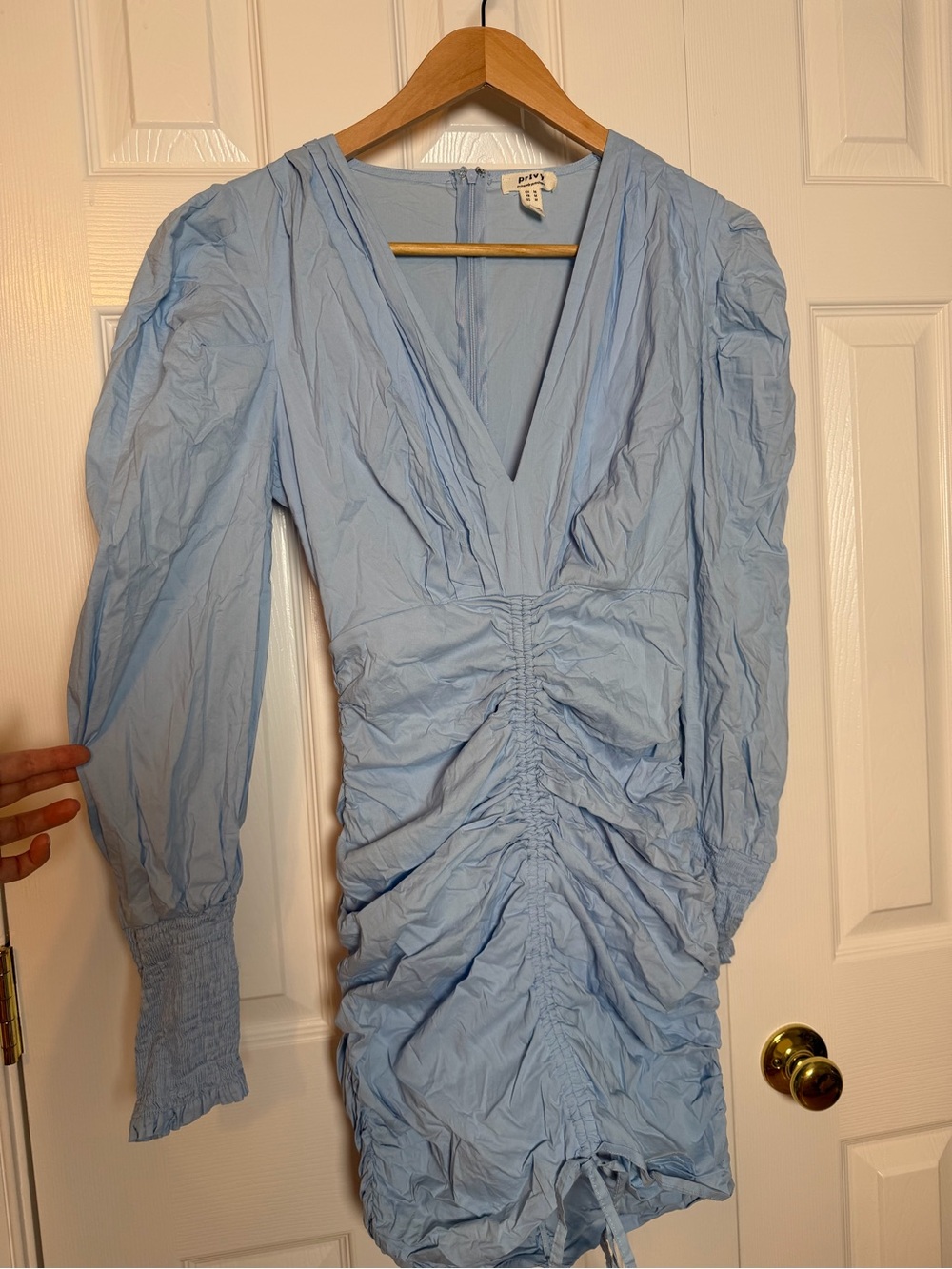 Baby Blue Ruched V-Neck Mini Dress - NEVER WORN